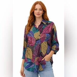 Vintage 80s Leaf Print Button Down Shirt Multicolor Long Sleeve